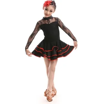 Copii Dans latino Fusta de Înaltă Calitate Rochii Fete pentru Copii cu Mâneci Lungi Negru Dantelă Roșie Bal Etapă de Îmbrăcăminte