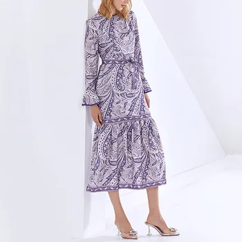 2022 vara noua moda temperament elegant de imprimare gât rotund ars mâneci lungi dantelă ciufulit rochie violet femei