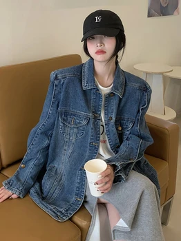 Primavara Toamna Femei de Moda cu Maneci Lungi Retro Albastru Denim Haine de sex Feminin Coreea de BF Stil Vintage Versatil Multi-buzunar Cargo Jacket