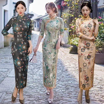 Femei Vara Blând Cheongsam Mijlocul Lungă Rochie de Epocă Slim-fit Costume Feminine Qipao S La 4XL