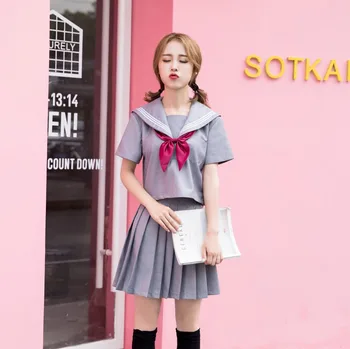 Japoneză/coreeană Costum de Marinar Cosplay, Costume de Vară Gri Scoala Uniforme Fete Drăguț JK Student Îmbrăcăminte de Sus+Fuste+papion