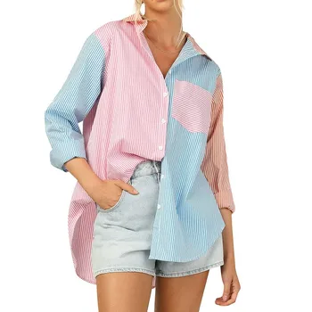 Petrecere De Moda Bluze Femei, Camasi Casual Cu Maneci Lungi Tricou V-Neck Roz Albastru Mozaic Butonul Topuri De Sex Feminin De Primăvară Blusas 0