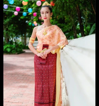 Thailanda Haine Tradiționale Singur Umăr Fără Mâneci Topuri Șal Pha Sin Hotel Restaurant Bun Venit Costum Rochie Thai