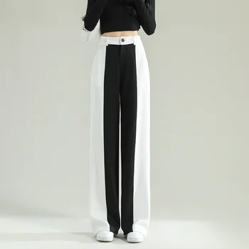 Femei, Design negru și alb mozaic costum pantaloni Toamna și iarna gros picior drept casual pantaloni largi picior pantaloni largi