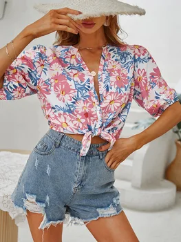 Gypsylady Vara Chic Floral Bluze Tricou Vintage Holiday Beach Tricou Femei Topuri Roz Sex Feminin Shirt Doamnelor Blusas Topuri Mujer