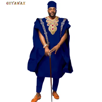Noua Moda din Africa de Îmbrăcăminte pentru Bărbați Broderie Agbada Tricouri Pantaloni și cu Pălării 4 Piese Set de articole de Îmbrăcăminte Tradiționale pentru Seara de Nunta