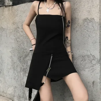 Vara Femei Fără Mâneci Imperiul Rochii Mini Negru Gotic Femei Neregulate Rochie Sexy Dark Goth Metal Lanțuri Backless Haine Punk
