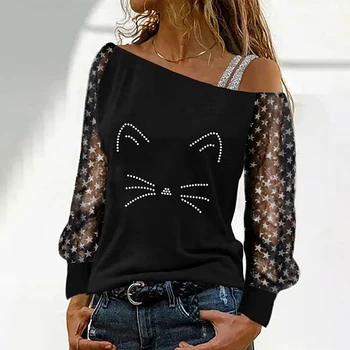 Primavara Elegant Tricou Femei Bluza de Moda Plasă Prin Maneci Lungi Shine Party Streetwear T-shirt Sexy de Pe Umăr Haine