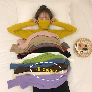 Femei Culoare Solidă Guler Pulover Tricotate 2022 Toamna Lady Maneca Lunga Cald Bază Pulovere De Moda Coreeană Fată Tricot Tricou