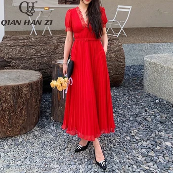 Qian Han Zi nou Designer de Moda rochie Eleganta lunga Pentru femei V-gât Dantelă Vintage Slim centura de Vacanță rochie Plisată