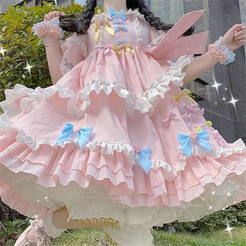 Stil Japonez Fete Dulci Cosplay Lolita Op Kawaii Drăguț Loli Bomboane Polka Dot Arcul Papusa Guler Dragoste Puff Maneca Unduiri Rochie