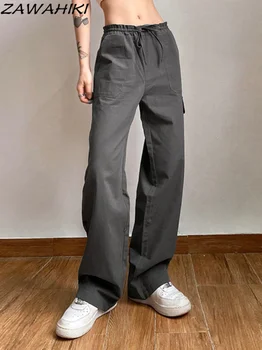 Vintage ANII ' 90 pentru Femei Pantaloni Culoare Solidă Streetwear Scăzut Talie Pantaloni sex Feminin Toamna Salopete Largi Drepte Pantaloni Gri 0