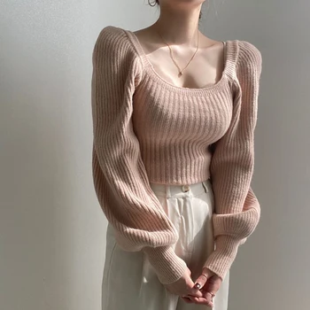 Tricotate pentru Femei Pulover Roz Vintage Pulover Drăguț Maneca Lunga Gât Pătrat de Sus coreeană Stil de Moda Toamna Iarna 2022 Îmbrăcăminte