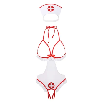 Femei Erotice Lingeire Set Naughty Nurse Cosplay Uniformă Halter Cupe Deschise Fără Bodysuit Roleplay Tricou Set Costum De Asistenta