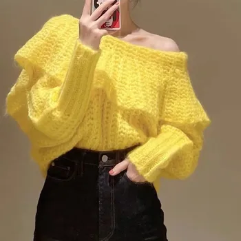 JSXDHK coreeană de Moda Chic de Primavara pentru Femei Pulovere 2022 Nou Galben Tricotate Slash Gât Volane Spate Dantela-Up Liber Pulovere Femei