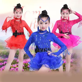 Noua moda pentru copii de dans latino, costume de fete paiete voal latină spectacol de dans îmbrăcăminte ciucure de foraj la cald T1118
