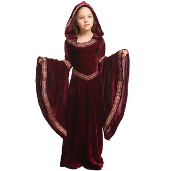 Fantasia Medieval Vrăjitoare Păgâne Vrajitoare Costume Fete De Halloween Carnaval De Purim Gotic Catifea Cu Gluga Rochie