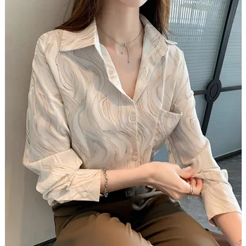 Femei Casual Șifon Tricouri Abstract Ondulat Șifon Bluza de Turn-down Sollar Complet Maneca Pieptul Singur Birou Doamnă Tricouri