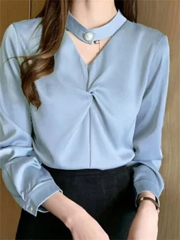 2022 Primavara Toamna Noua Modă de Culoare Solidă de Design Satin Tricouri Gât Rotund Maneca Lunga Bluza Vrac Femei Stil de Îmbrăcăminte coreeană