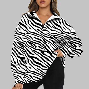 Casual pentru Femei Tricou Zebra cu Dungi Tricou Polo Jumătate Fermoar Guler de Turn-down Pulover Tricoul Streetwear Femei Y2k Haine