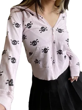 Femei Zip-Up Hoodie Casual Craniu de Imprimare Culturilor de Maneca Lunga Tricou cu Buzunare Toamna Streetwear