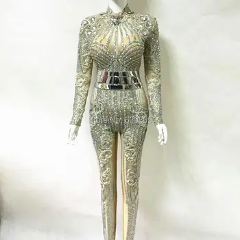 Moda 2017 Strălucesc Argint Pietre Salopeta Intermitent Centura Tinuta Sexy Rochie De Petrecere Cristale Costum De Corp, Costume De Dans Salopetă