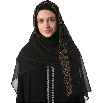 Sclipici Sifon Arabe Negre Musulmane Hijab Șal Stralucitor Diamante Rugăciune Pashmina Împachetări Turban IslamRamadan Modest Femei Eșarfă De Cap