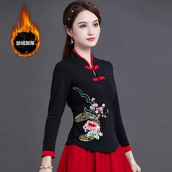 Cheongsam Femei Plus Dimensiune Topuri 2022 Moda Bumbac Broderie Despicare Stand Guler Stil Chinezesc Qipao Tricouri Femeie 1