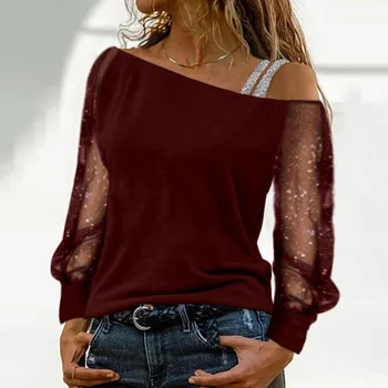 Primavara Elegant Tricou Femei Bluza de Moda Plasă Prin Maneci Lungi Shine Party Streetwear T-shirt Sexy de Pe Umăr Haine 1