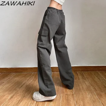 Vintage ANII ' 90 pentru Femei Pantaloni Culoare Solidă Streetwear Scăzut Talie Pantaloni sex Feminin Toamna Salopete Largi Drepte Pantaloni Gri 1