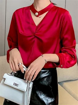 2022 Primavara Toamna Noua Modă de Culoare Solidă de Design Satin Tricouri Gât Rotund Maneca Lunga Bluza Vrac Femei Stil de Îmbrăcăminte coreeană 1