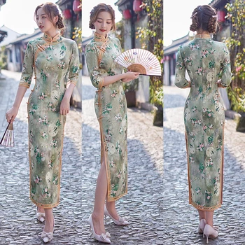 Femei Vara Blând Cheongsam Mijlocul Lungă Rochie de Epocă Slim-fit Costume Feminine Qipao S La 4XL 2