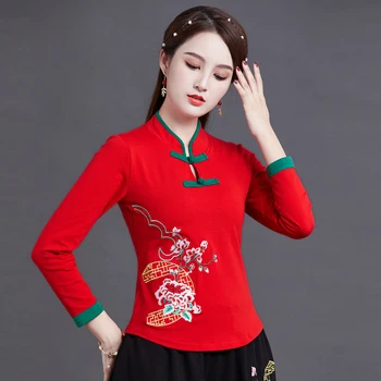 Cheongsam Femei Plus Dimensiune Topuri 2022 Moda Bumbac Broderie Despicare Stand Guler Stil Chinezesc Qipao Tricouri Femeie 2