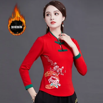 Cheongsam Femei Plus Dimensiune Topuri 2022 Moda Bumbac Broderie Despicare Stand Guler Stil Chinezesc Qipao Tricouri Femeie 3