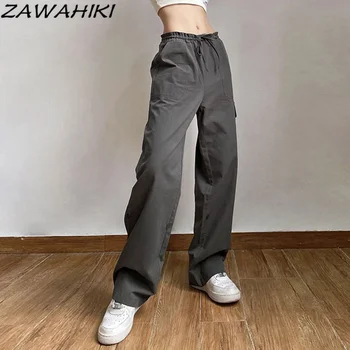 Vintage ANII ' 90 pentru Femei Pantaloni Culoare Solidă Streetwear Scăzut Talie Pantaloni sex Feminin Toamna Salopete Largi Drepte Pantaloni Gri 3