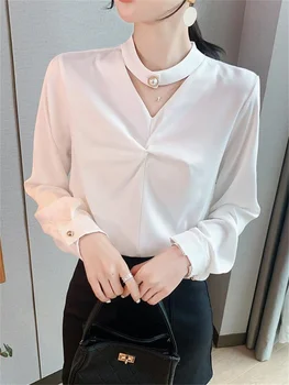 2022 Primavara Toamna Noua Modă de Culoare Solidă de Design Satin Tricouri Gât Rotund Maneca Lunga Bluza Vrac Femei Stil de Îmbrăcăminte coreeană 3