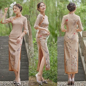 Femei Vara Blând Cheongsam Mijlocul Lungă Rochie de Epocă Slim-fit Costume Feminine Qipao S La 4XL 4