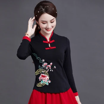 Cheongsam Femei Plus Dimensiune Topuri 2022 Moda Bumbac Broderie Despicare Stand Guler Stil Chinezesc Qipao Tricouri Femeie 4