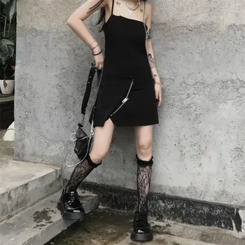 Vara Femei Fără Mâneci Imperiul Rochii Mini Negru Gotic Femei Neregulate Rochie Sexy Dark Goth Metal Lanțuri Backless Haine Punk 4