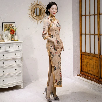 Femei Vara Blând Cheongsam Mijlocul Lungă Rochie de Epocă Slim-fit Costume Feminine Qipao S La 4XL 5