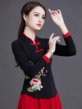 Cheongsam Femei Plus Dimensiune Topuri 2022 Moda Bumbac Broderie Despicare Stand Guler Stil Chinezesc Qipao Tricouri Femeie 5