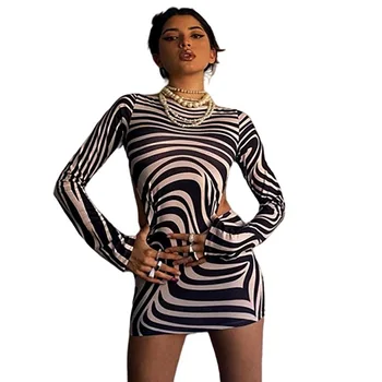 Zebră Dungi Rochie De Femei De Îmbrăcăminte 2022 Primavara Cu Maneci Lungi Rochii Mini Print Vintage Casual O Gâtului Fara Spate Hip Rochie Vestido 5