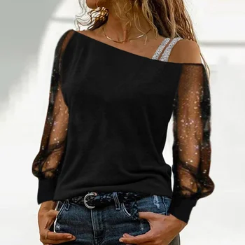 Primavara Elegant Tricou Femei Bluza de Moda Plasă Prin Maneci Lungi Shine Party Streetwear T-shirt Sexy de Pe Umăr Haine 5