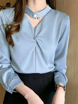 2022 Primavara Toamna Noua Modă de Culoare Solidă de Design Satin Tricouri Gât Rotund Maneca Lunga Bluza Vrac Femei Stil de Îmbrăcăminte coreeană 5